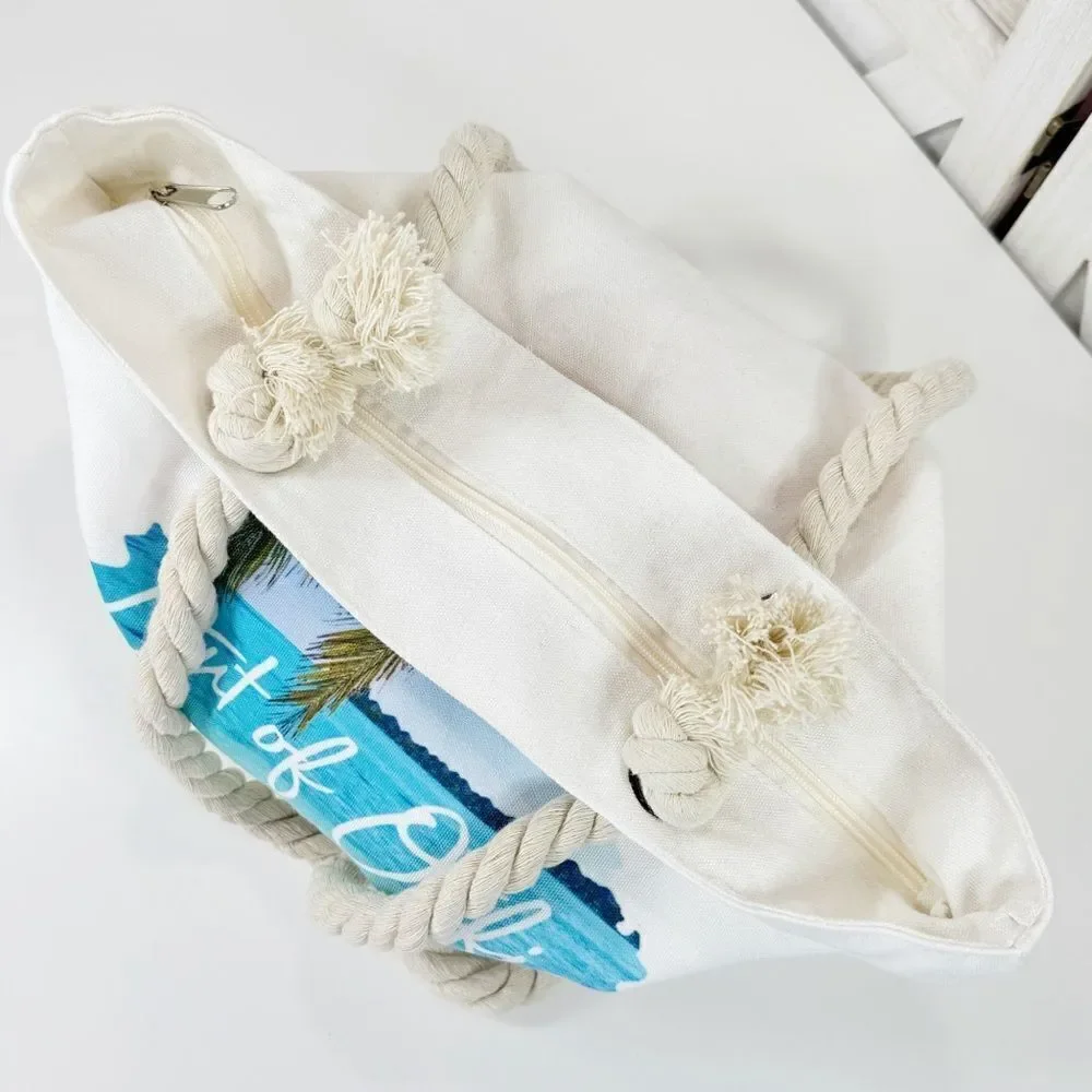 Tropical Out Of Office Beach Scene Canvas Tote Bag‎ White Rope Straps